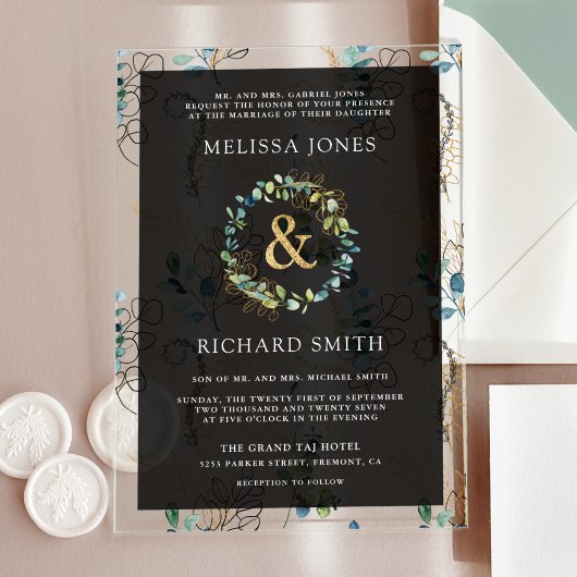 Eucalyptus Gold Ampersand Black Wedding Acryleinladungen