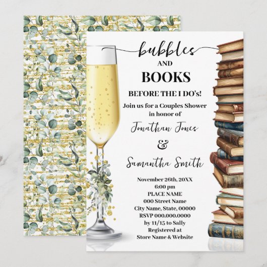 Eucalyptus Gold Bubbles & Books Couples Shower Einladung (Vorne/Hinten)