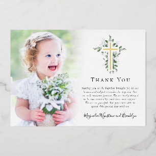 Eucalyptus Gold Cross Foto Tauf Danksagungskarte Folieneinladung