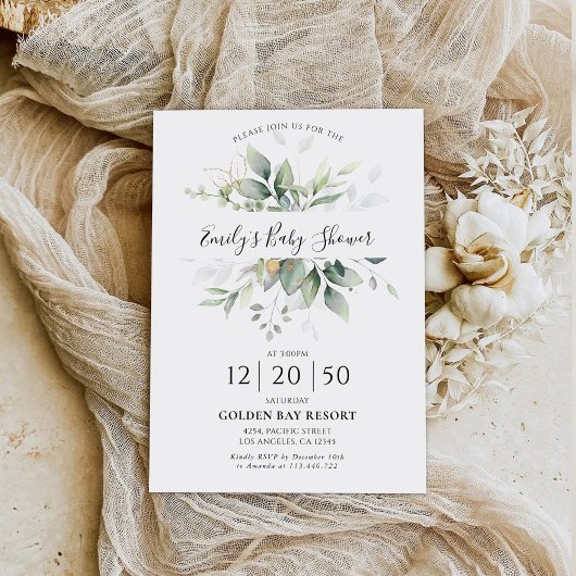 Eucalyptus Gold Floral Baby Dusche Einladung