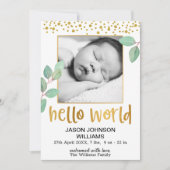 Eucalyptus Gold Foil Frame Hello World Baby Birth Ankündigung (Vorderseite)