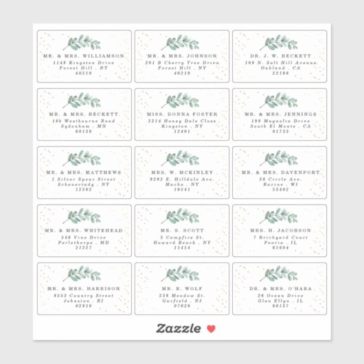 Eucalyptus Gold Foil Wedding Guest Address Labels (Blatt)
