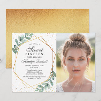 Eucalyptus Gold Geometric 16 . Geburtstag Foto Einladung