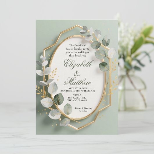 Eucalyptus Gold Geometric Frame Wedding Invite Einladung (Stehend Vorderseite)