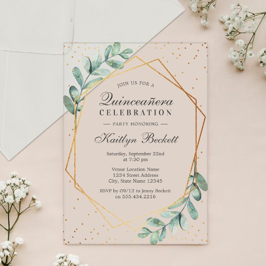 Eucalyptus Gold Geometric Quinceñera Birthday Acryleinladungen