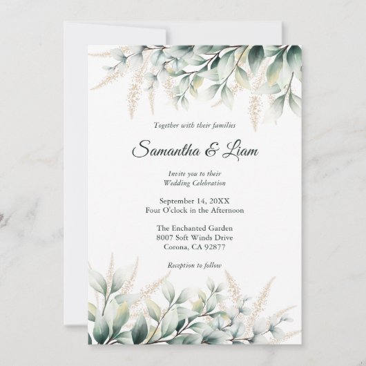 Eucalyptus Gold Greenery Wedding Einladung (Vorderseite)