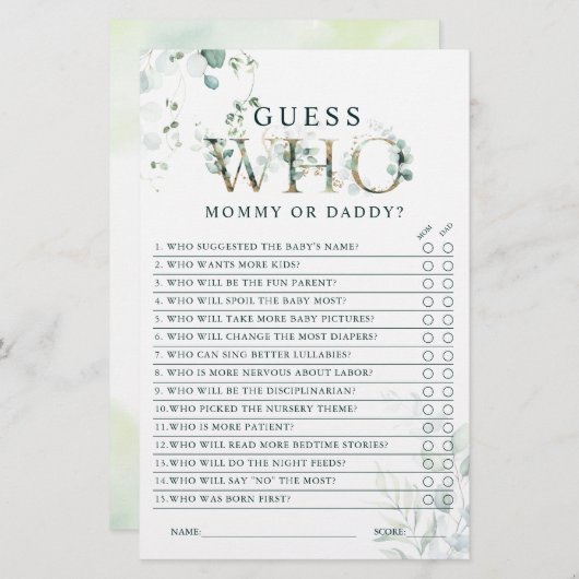 Eucalyptus Gold Letter Mama oder Vater Baby Showsp (Vorne/Hinten)