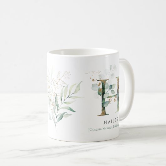 Eucalyptus Gold Monogram Initial H Greenery Chic Kaffeetasse (VorderseiteRechts)