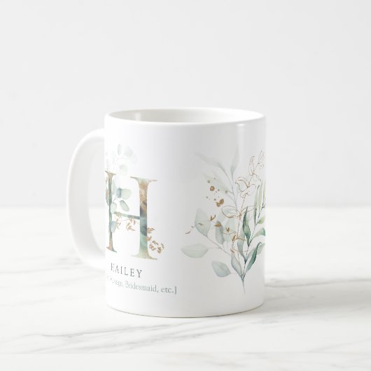 Eucalyptus Gold Monogram Initial H Greenery Chic Kaffeetasse (Vorderseite Links)