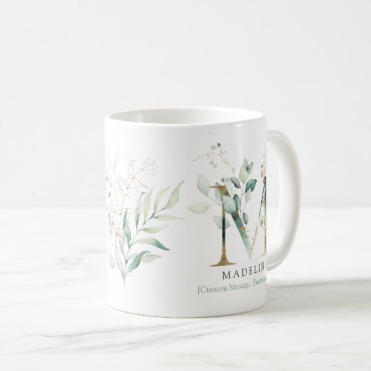 Eucalyptus Gold Monogram Initial M Greenery Chic Kaffeetasse (VorderseiteRechts)