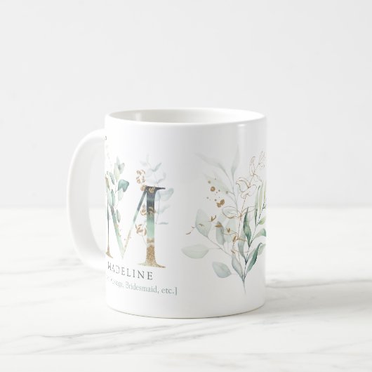 Eucalyptus Gold Monogram Initial M Greenery Chic Kaffeetasse (Vorderseite Links)