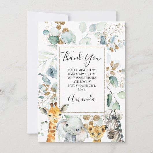 Eucalyptus Gold Safari Animals Baby Showcard Einladung (Vorderseite)