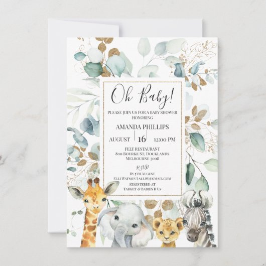 Eucalyptus Gold Safari Animals Baby Shower Einladung (Vorderseite)
