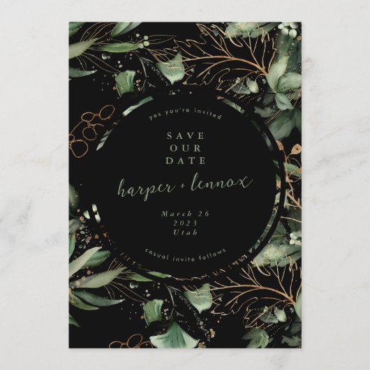 Eucalyptus Golden Boho Elegant Onyx Pampas Black Save The Date (Vorderseite)