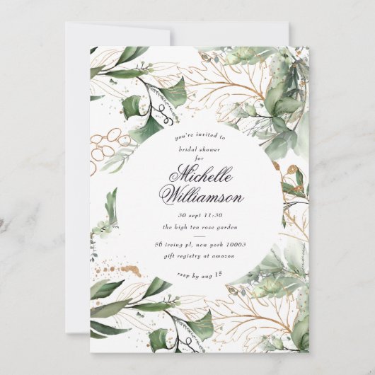 Eucalyptus Golden Boho Modern Pampas Brautparty Einladung (Vorderseite)