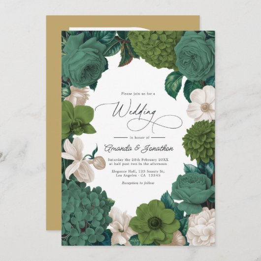 Eucalyptus Green, Fern Olive & Cream Line Wedding Einladung (Vorne/Hinten)