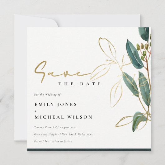 EUCALYPTUS GREEN GOLD FOLIAGE SAVE THE DATE EINLAD DANKESKARTE (Vorderseite)