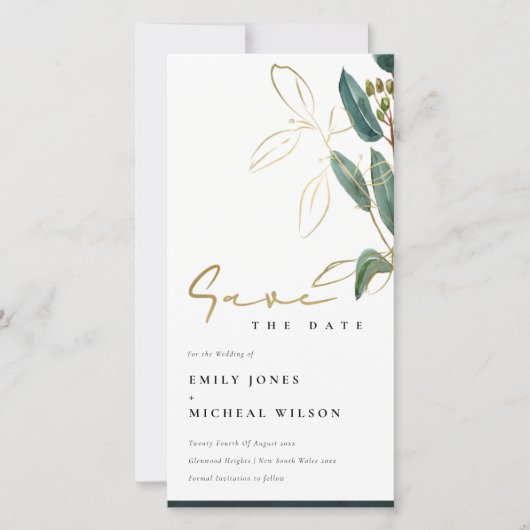 EUCALYPTUS GREEN GOLD FOLIAGE SAVE THE DATE EINLAD DANKESKARTE (Vorderseite)