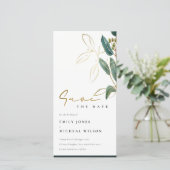 EUCALYPTUS GREEN GOLD FOLIAGE SAVE THE DATE EINLAD DANKESKARTE (Stehend Vorderseite)