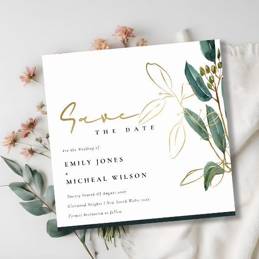 EUCALYPTUS GREEN GOLD FOLIAGE SAVE THE DATE EINLAD DANKESKARTE