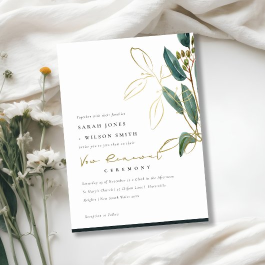 EUCALYPTUS GREEN GOLD FOLIAGE VOW RENEWITE INVITE DANKESKARTE