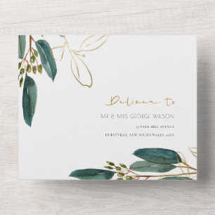 EUCALYPTUS GREEN GOLD FOLIAGE WATERCOLOR WEDDING A ALL IN ONE EINLADUNG