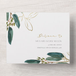EUCALYPTUS GREEN GOLD FOLIAGE WATERCOLOR WEDING A ALL IN ONE EINLADUNG