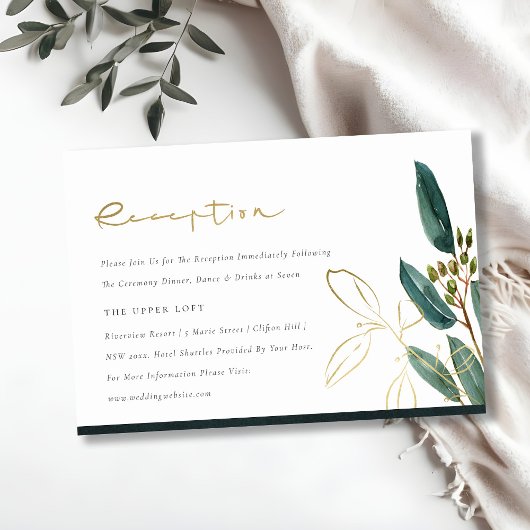 EUCALYPTUS GREEN GOLD FOLIAGE WEDING RECEPTION BEGLEITKARTE