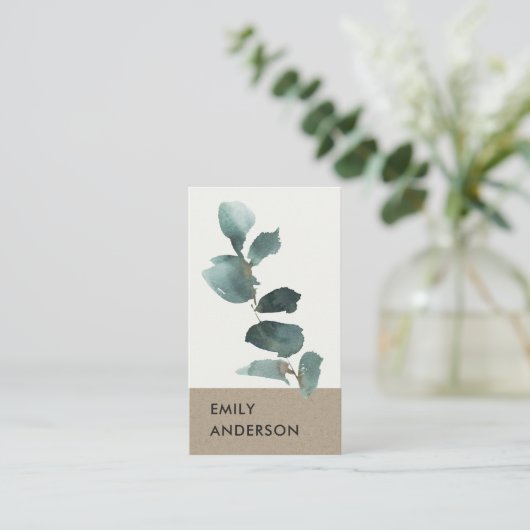 EUCALYPTUS GREEN KRAFT FOLIAGE BRANCH WATERCOLLE VISITENKARTE (Stehend Vorderseite)