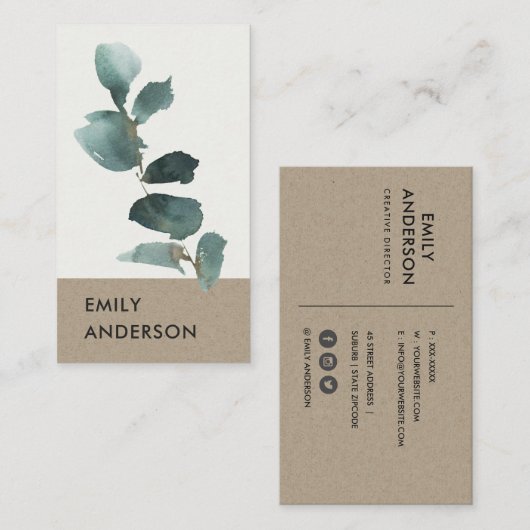 EUCALYPTUS GREEN KRAFT FOLIAGE BRANCH WATERCOLLE VISITENKARTE (Vorne/Hinten)