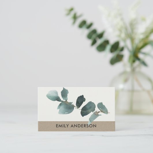 EUCALYPTUS GREEN KRAFT FOLIAGE BRANCH WATERCOLLE VISITENKARTE (Stehend Vorderseite)