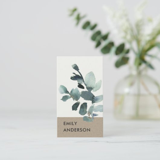 EUCALYPTUS GREEN KRAFT FOLIAGE BRANCH WATERCOLOR VISITENKARTE (Stehend Vorderseite)
