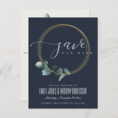 EUCALYPTUS GREEN NAVY FOLIAGE WREATH SAVE THE DATE ANKÜNDIGUNGSPOSTKARTE (Vorne/Hinten)