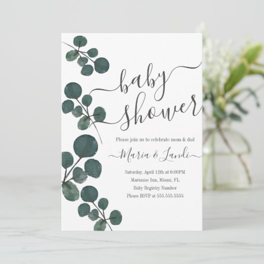 Eucalyptus Green Script Baby Dusche Einladung (Stehend Vorderseite)