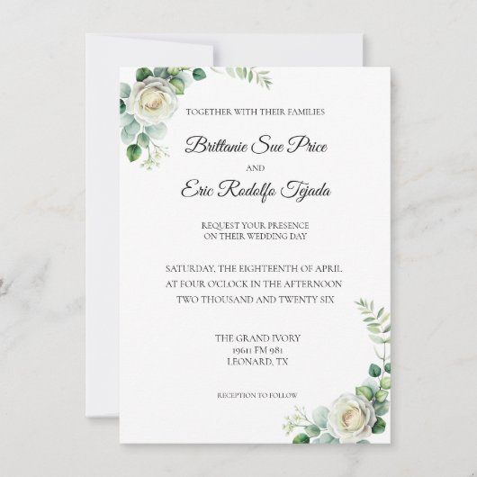Eucalyptus Green White Flower Invitation Einladung (Vorderseite)