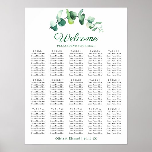 Eucalyptus Greenery 15 Table Wedding Seating Chart Poster (Vorne)