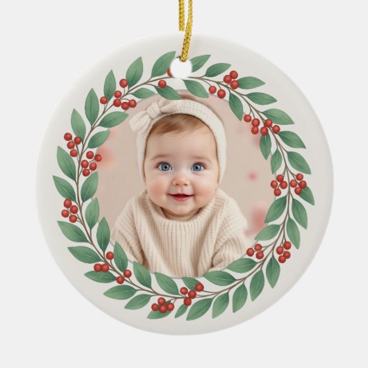 Eucalyptus Greenery Baby First Christmas Photo Keramik Ornament (Vorne)