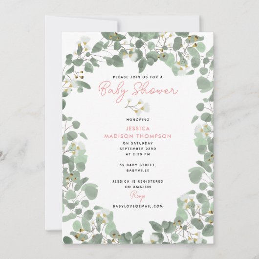 Eucalyptus Greenery Baby Girl Pink Baby Dusche Einladung (Vorderseite)