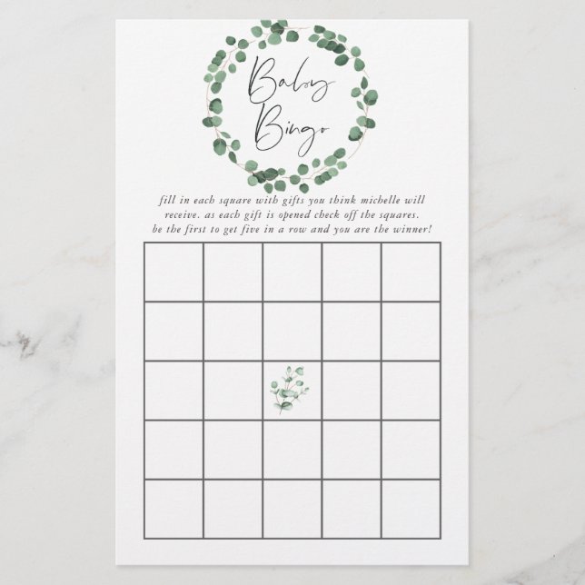 Eucalyptus Greenery Baby Shower Bingo (Vorderseite)