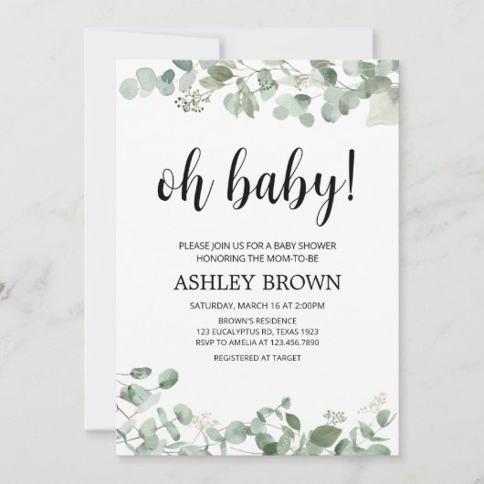 Eucalyptus Greenery Baby Shower Einladung (Vorderseite)