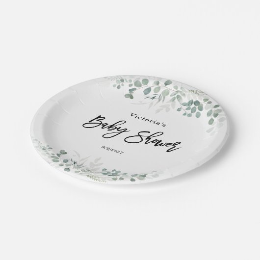 Eucalyptus Greenery Baby Shower Pappteller (Schrägansicht)