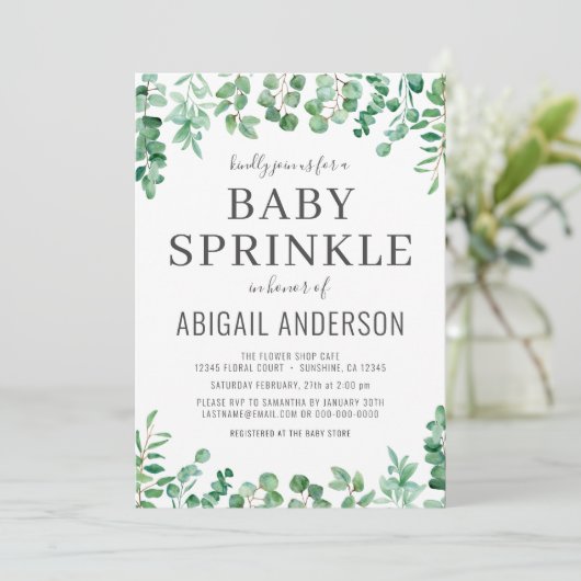 Eucalyptus Greenery Baby Sprinkle Modern Einladung (Stehend Vorderseite)