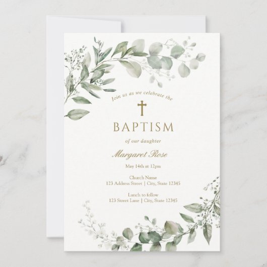 Eucalyptus Greenery Baptism Religious Einladung (Vorderseite)