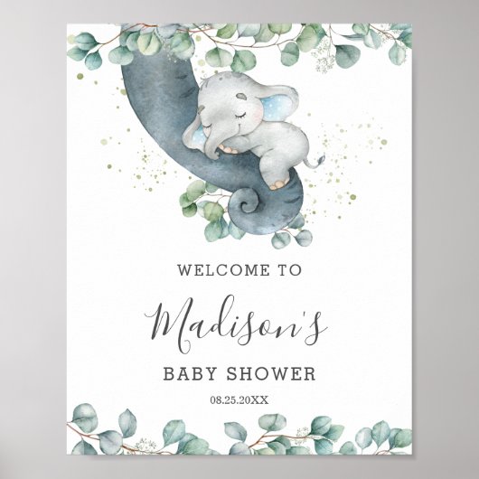 Eucalyptus Greenery Elephant Baby Shower Willkomme Poster (Vorne)