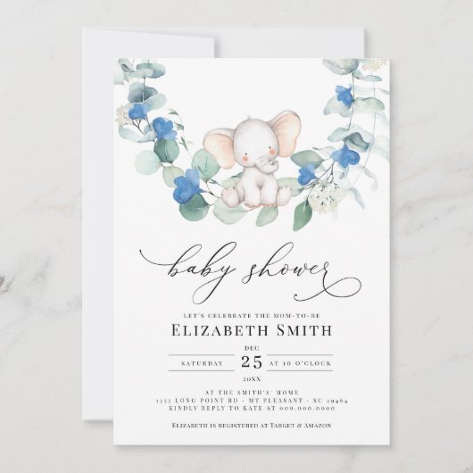 Eucalyptus Greenery Elephant Blue Baby Boy Shower Einladung (Vorderseite)