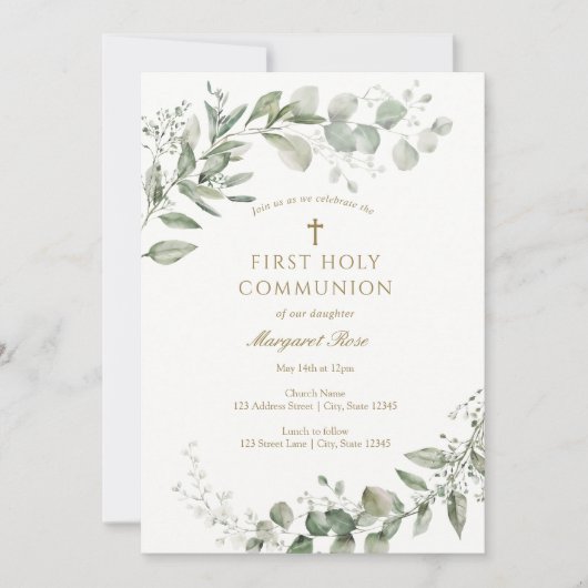 Eucalyptus Greenery First Communion Religious Einladung (Vorderseite)