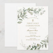 Eucalyptus Greenery First Communion Religious Einladung (Vorne/Hinten)