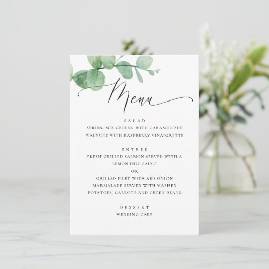 Eucalyptus Greenery Garden Wedding. Elegant Script Menükarte (Stehend Vorderseite)