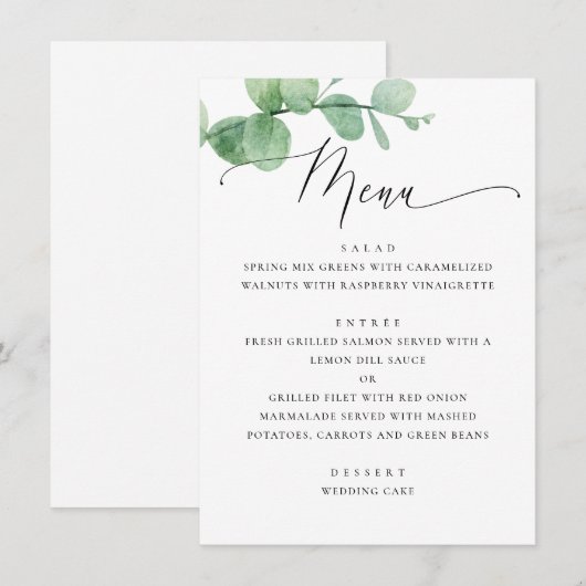 Eucalyptus Greenery Garden Wedding. Elegant Script Menükarte (Vorne/Hinten)