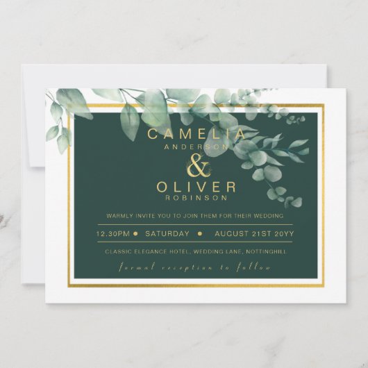 Eucalyptus Greenery Gold Emerald Wedding QR CODE I Einladung (Vorderseite)